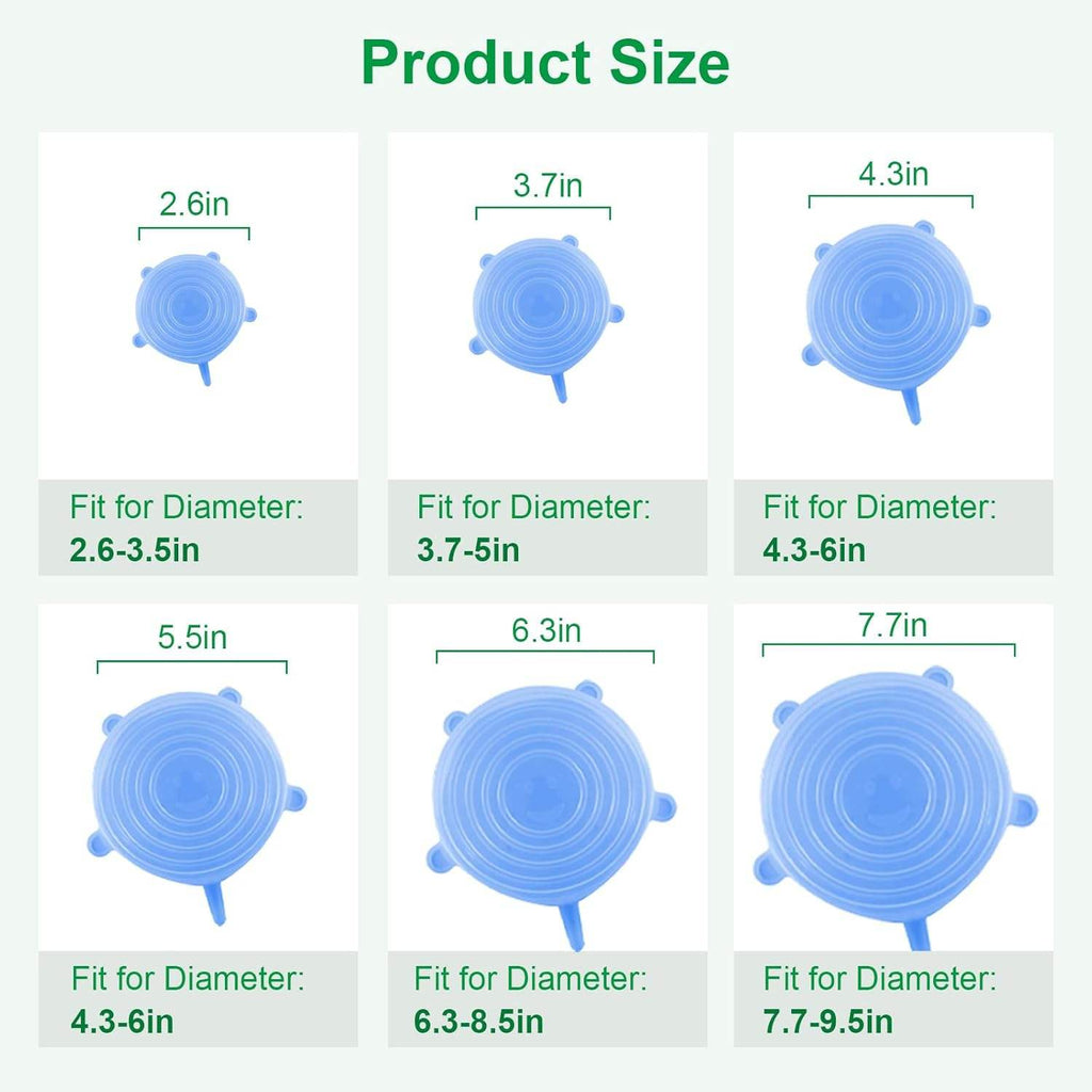 LeakGuard stretch lid size chart fits 2.6 to 7.7 inch diameters