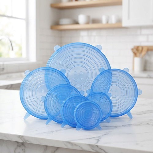 LeakGuard blue silicone stretch lids - all 6 sizes fanned out with smiley face