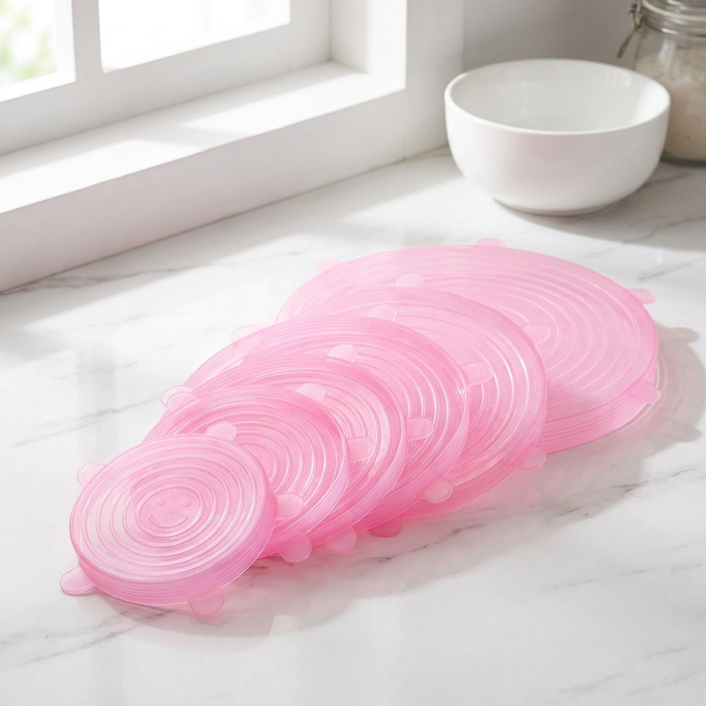 LeakGuard pink silicone stretch lids - all 6 sizes fanned out with smiley face
