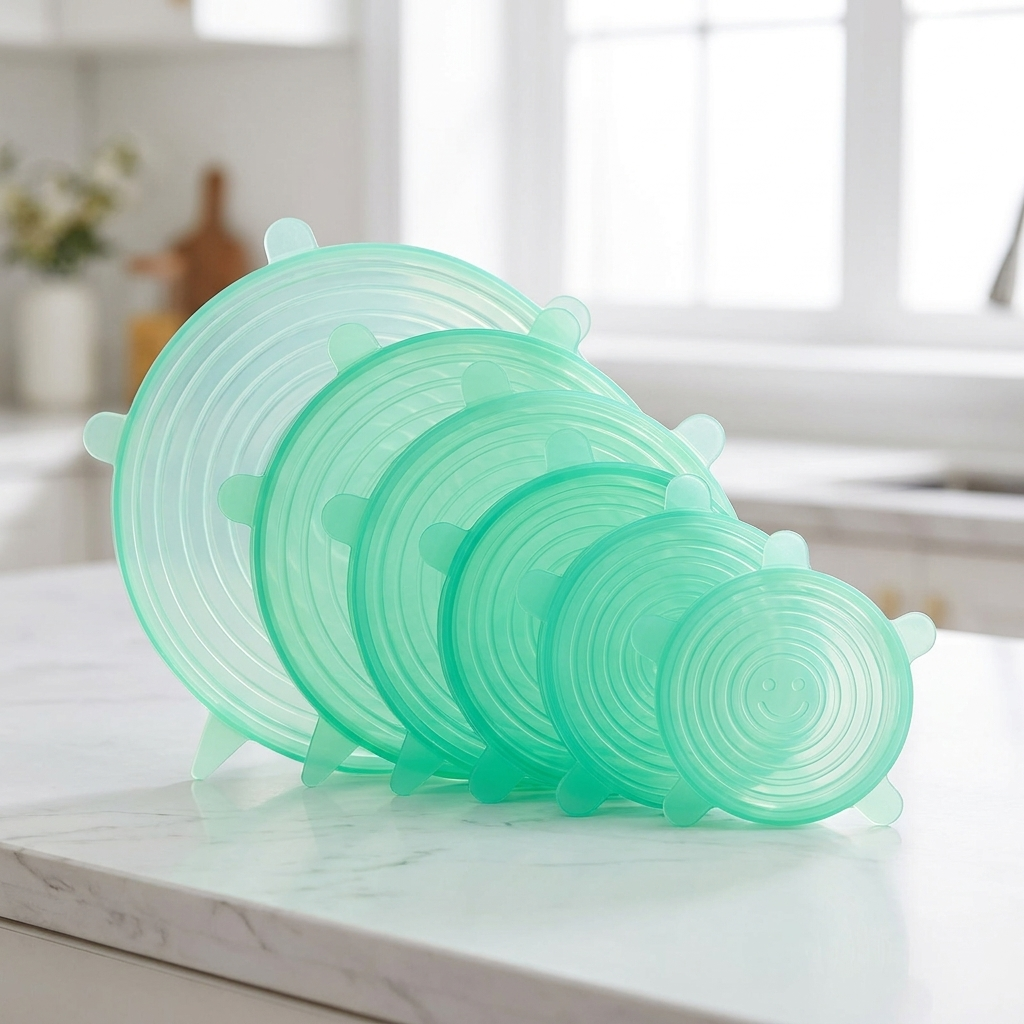 LeakGuard green silicone stretch lids - all 6 sizes fanned out with smiley face