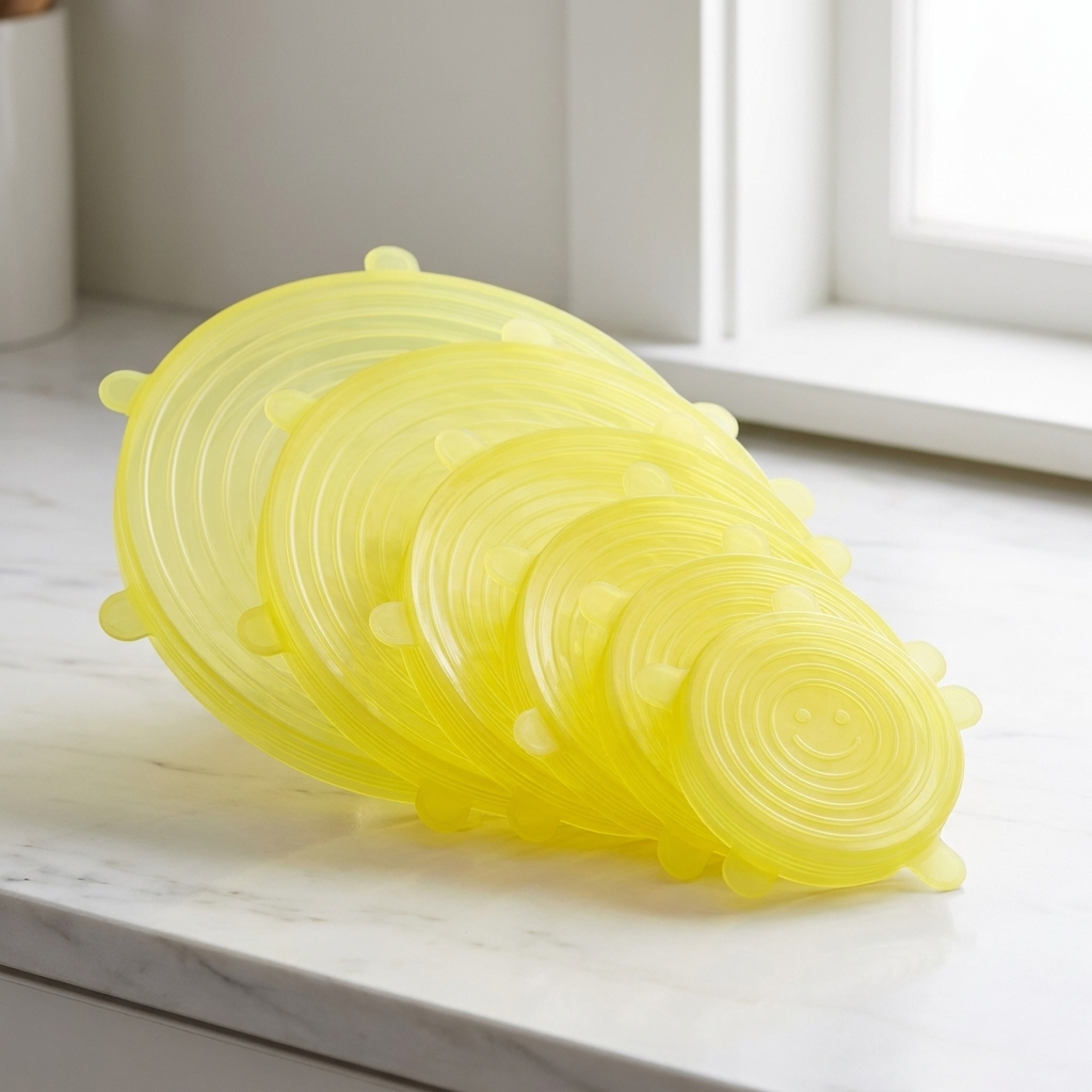 LeakGuard yellow silicone stretch lids - all 6 sizes fanned out with smiley face