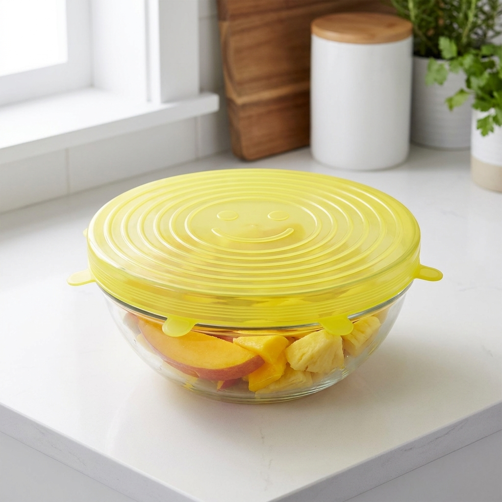 LeakGuard yellow stretch lid sealing a glass bowl of mango and pineapple