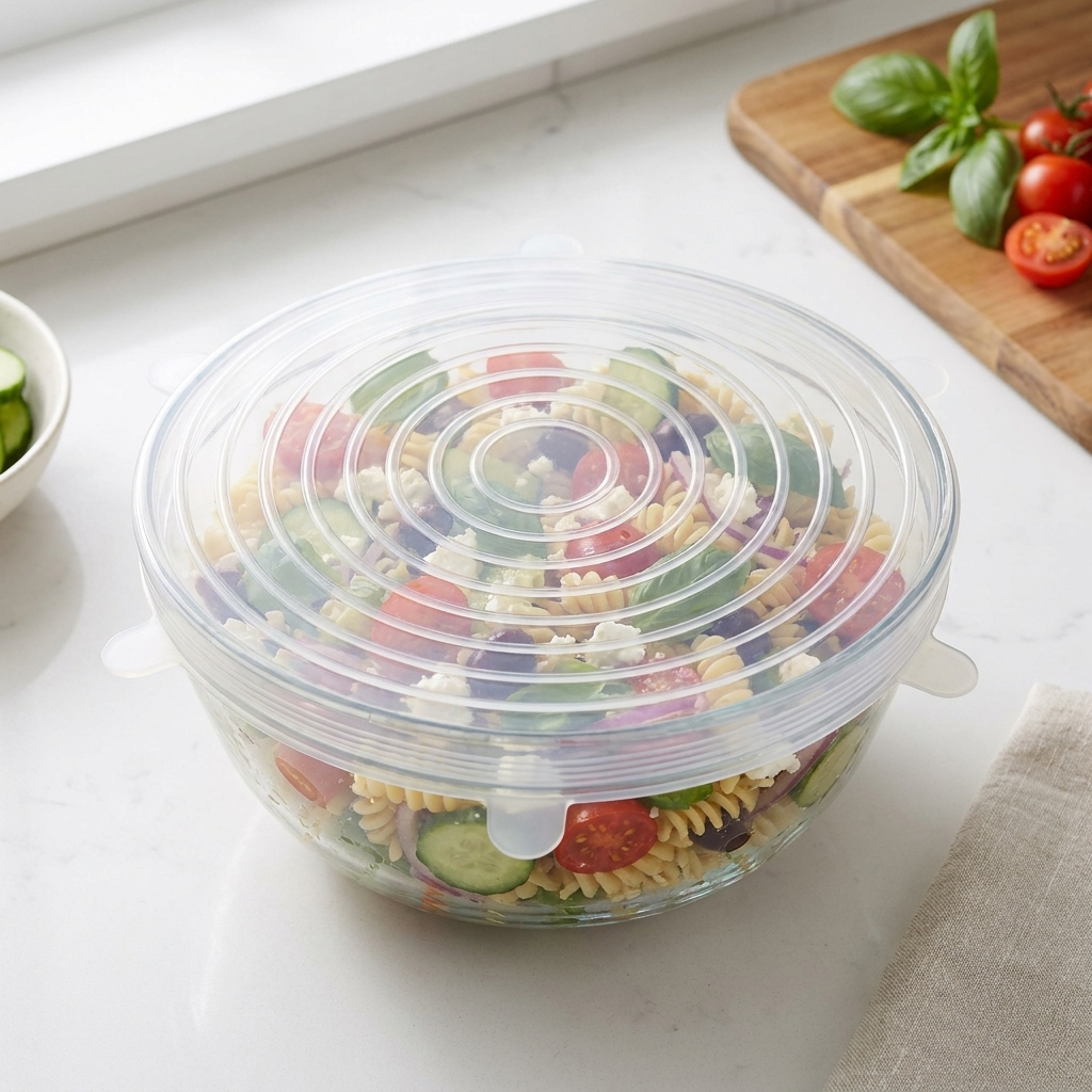 LeakGuard clear stretch lid sealing a glass bowl of pasta salad