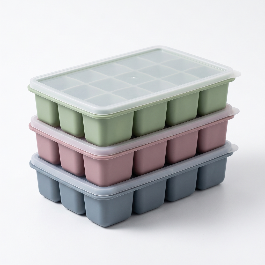 Three LeakGuard silicone ice cube trays stacked with clear snap-on lids in green, pink and blue