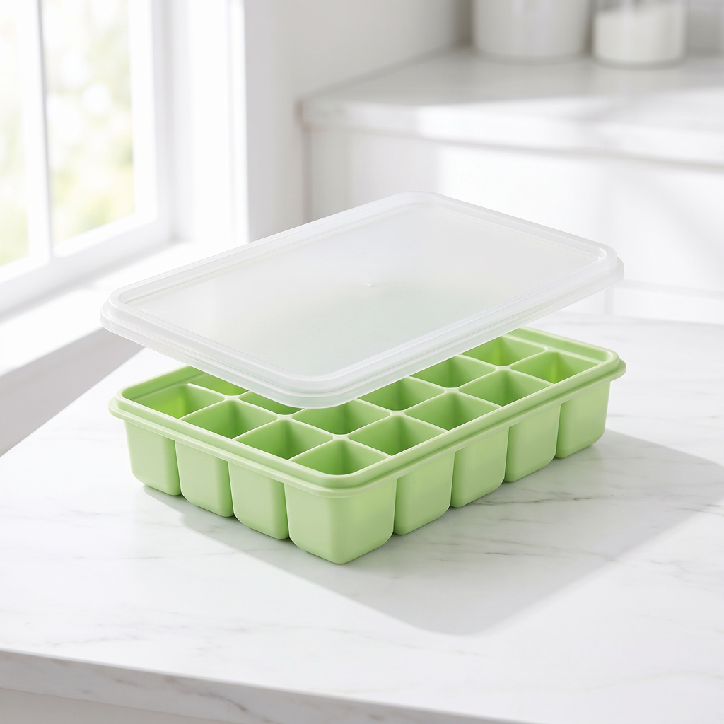 Green LeakGuard silicone ice cube tray with the clear snap-on lid lifted open showing 15 cubes