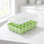 Green LeakGuard silicone ice cube tray with the clear snap-on lid lifted open showing 15 cubes
