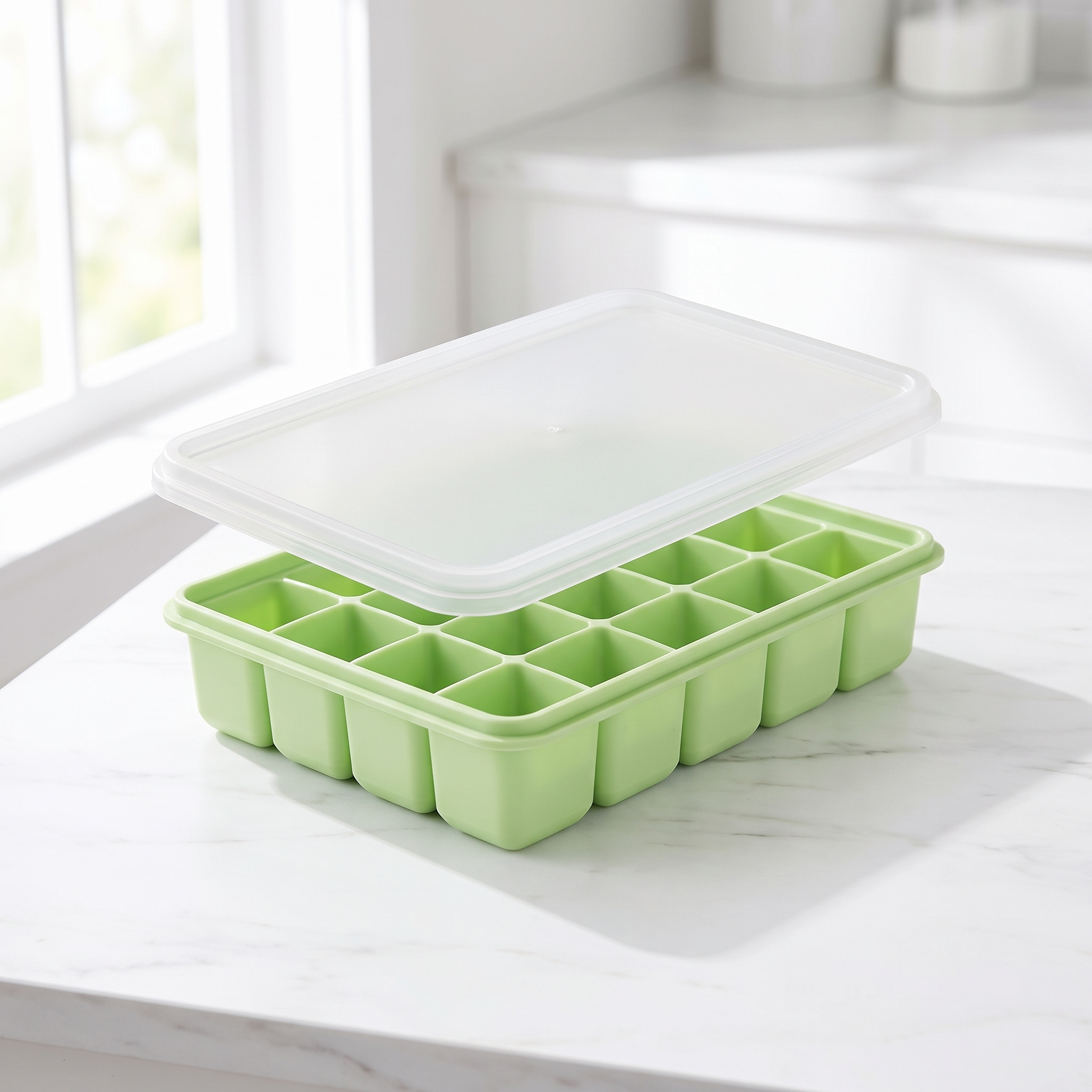 Green LeakGuard silicone ice cube tray with the clear snap-on lid lifted open showing 15 cubes