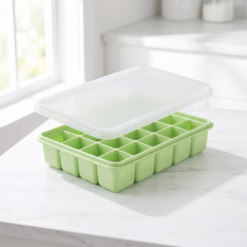 Green LeakGuard silicone ice cube tray with the clear snap-on lid lifted open showing 15 cubes