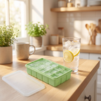 LeakGuard ice cube tray filled with ice on a kitchen counter beside a glass of iced water