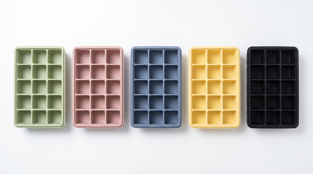 Five LeakGuard silicone ice cube trays in green, pink, blue, yellow and black