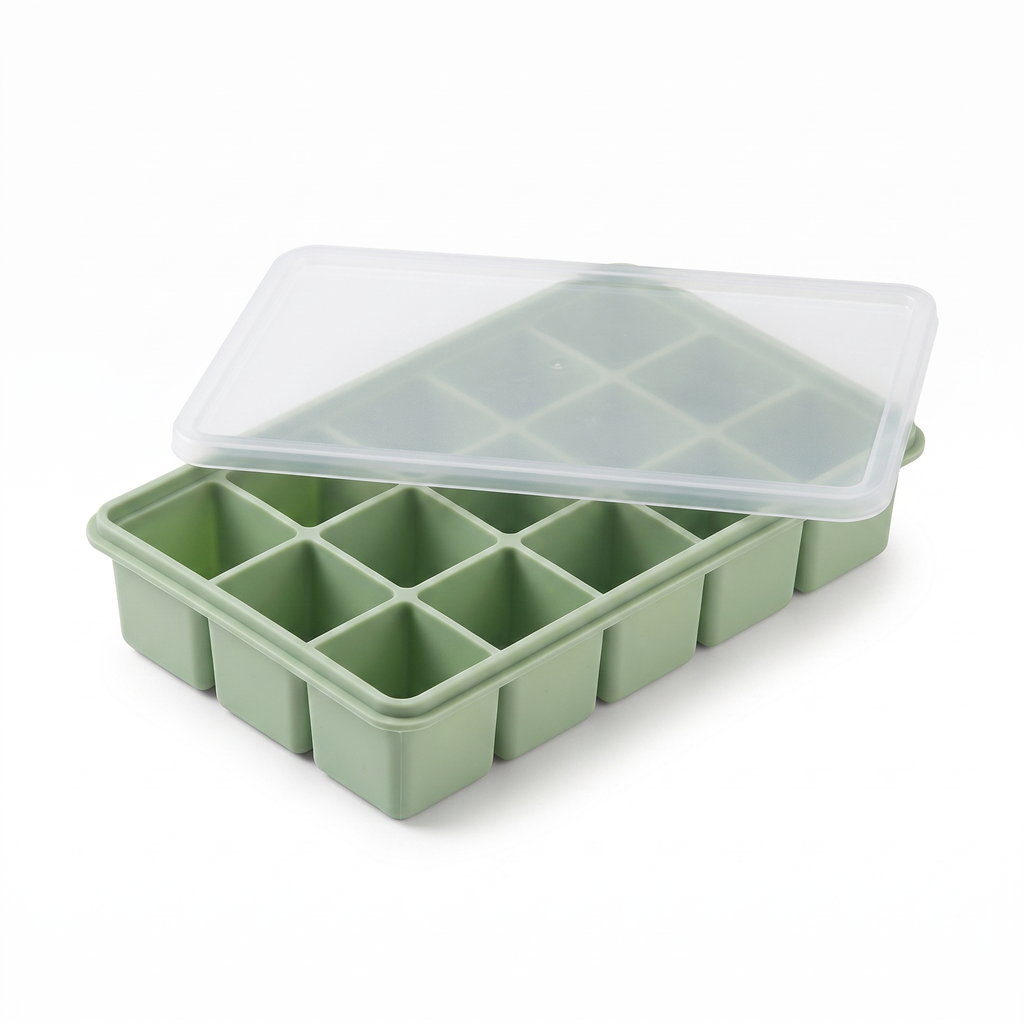 Green LeakGuard silicone ice cube tray with clear snap-on lid