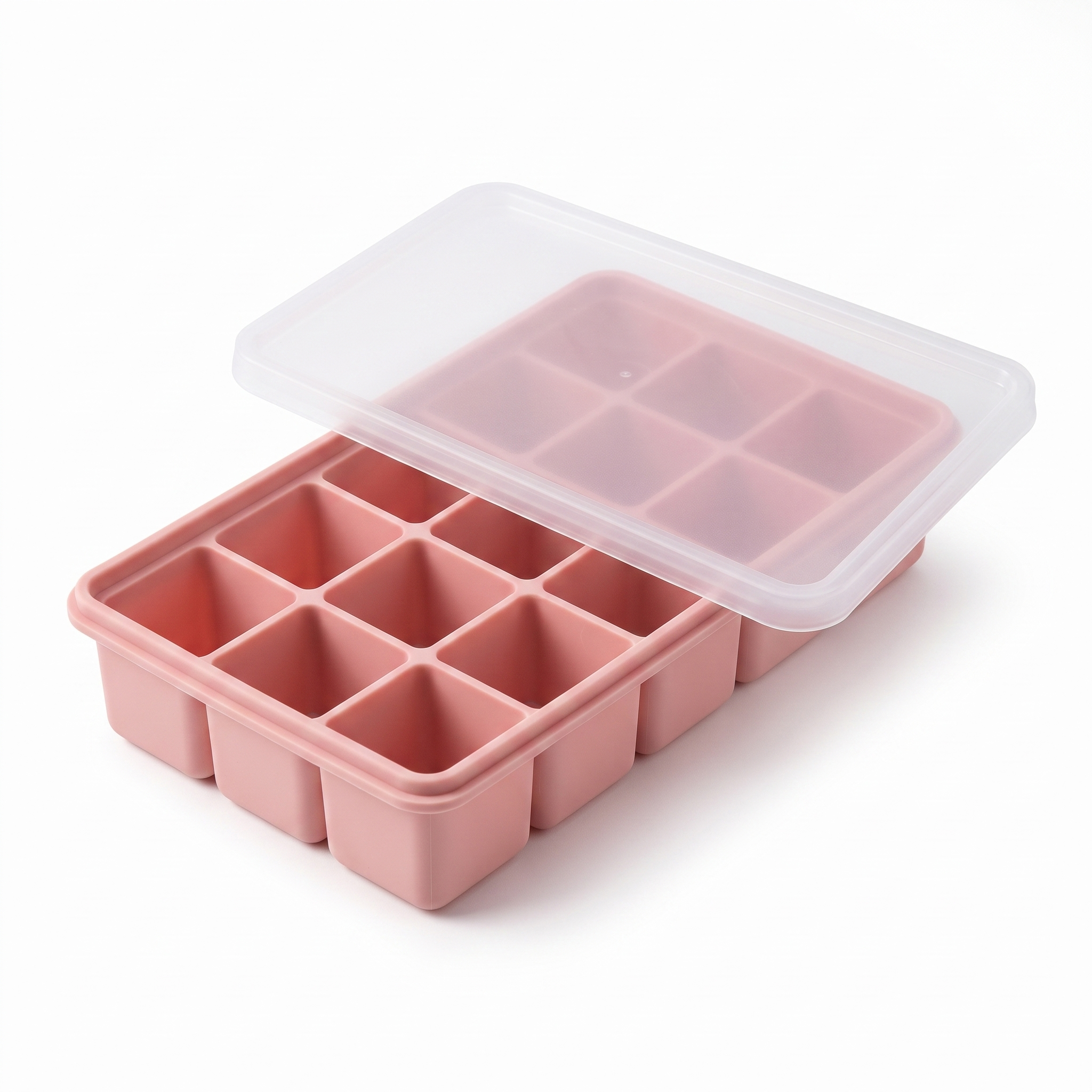 Pink LeakGuard silicone ice cube tray with clear snap-on lid