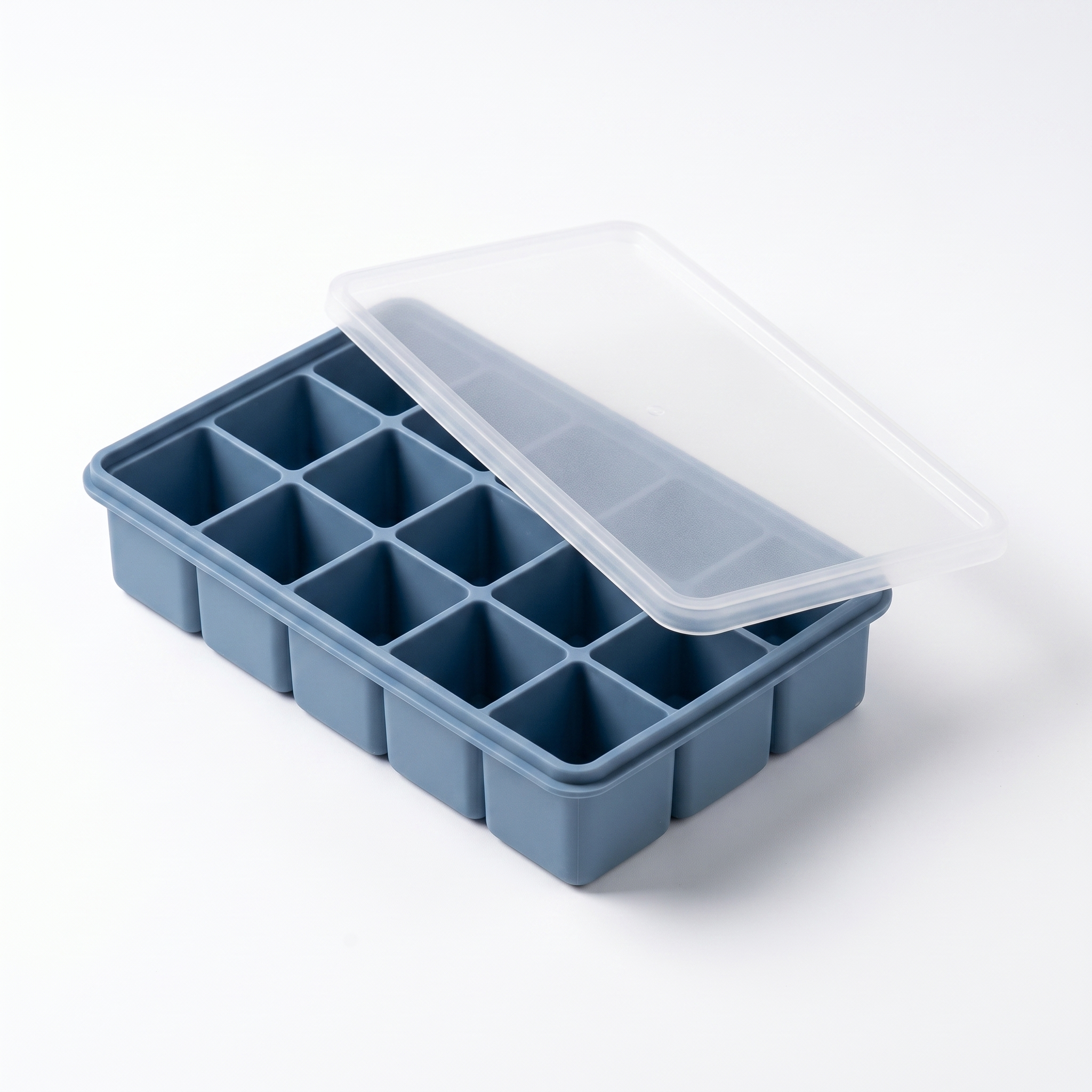 Blue LeakGuard silicone ice cube tray with clear snap-on lid