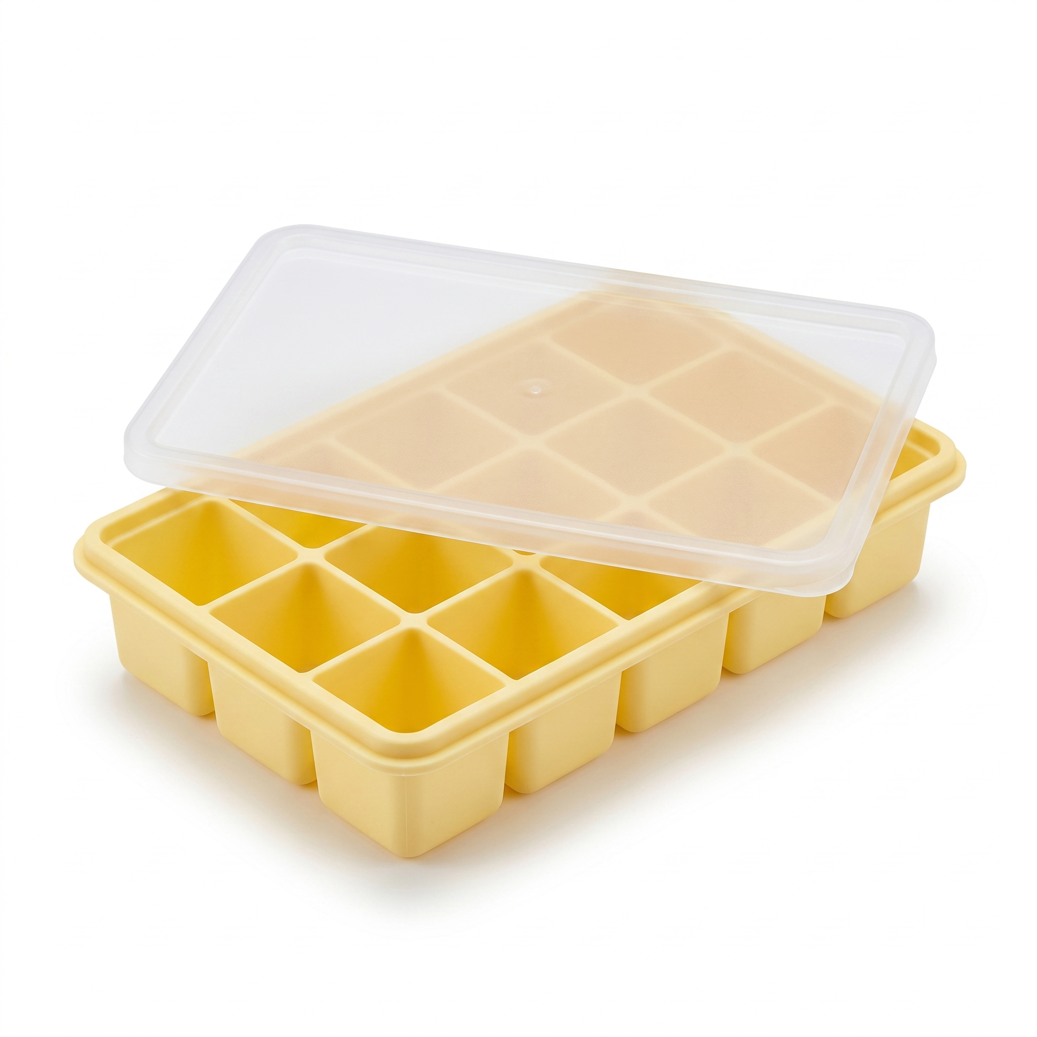 Yellow LeakGuard silicone ice cube tray with clear snap-on lid