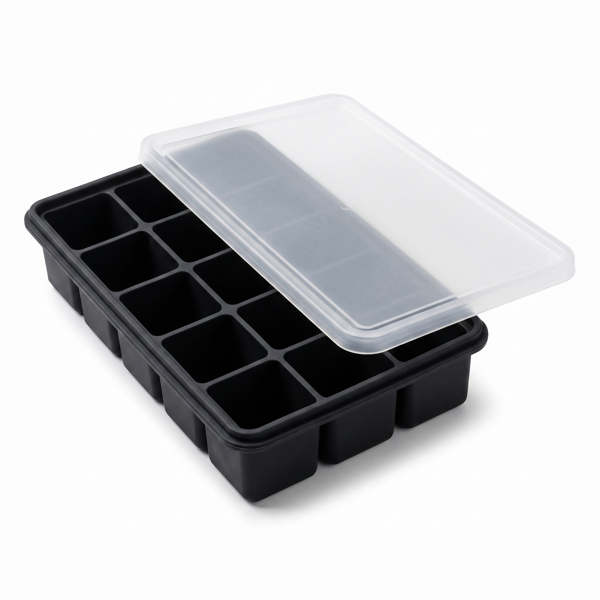 Black LeakGuard silicone ice cube tray with clear snap-on lid