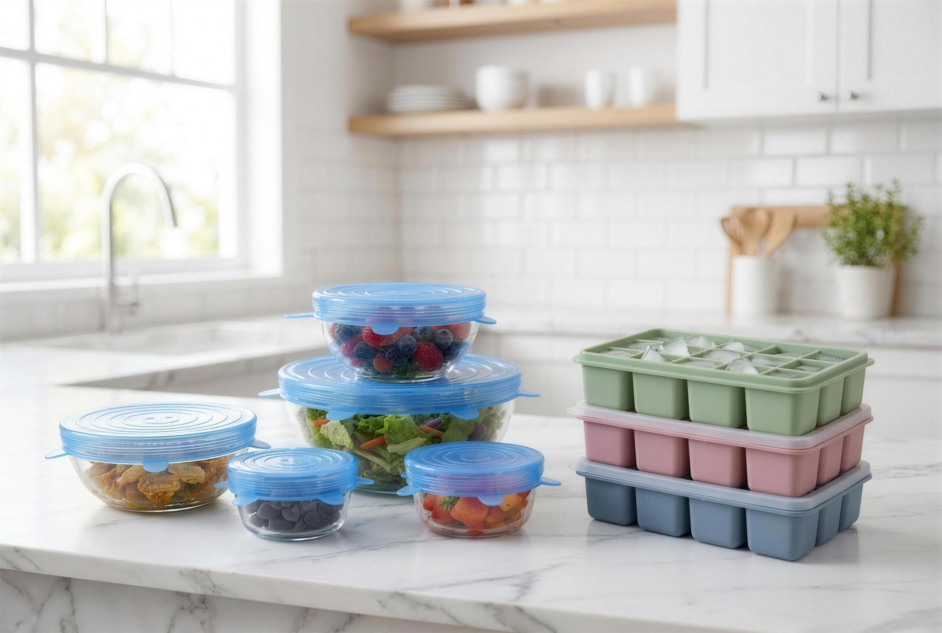 LeakGuard stretch lids sealing glass bowls beside stacked lidded ice cube trays on a bright kitchen counter